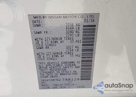 2016 Nissan Rogue Sl z USA, uszkodzony, nr VIN 5N1AT2MT9GC788129